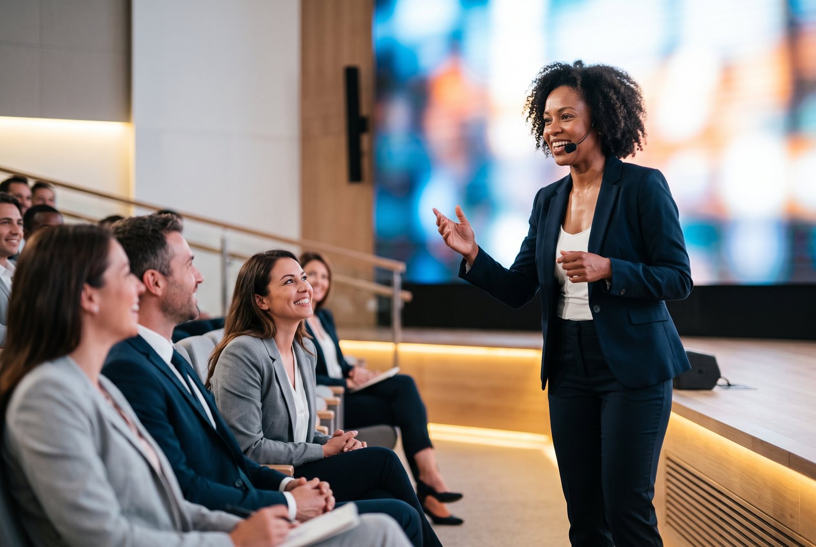 Keynote speaker presenting on a conference main stage to a seated professional audience
