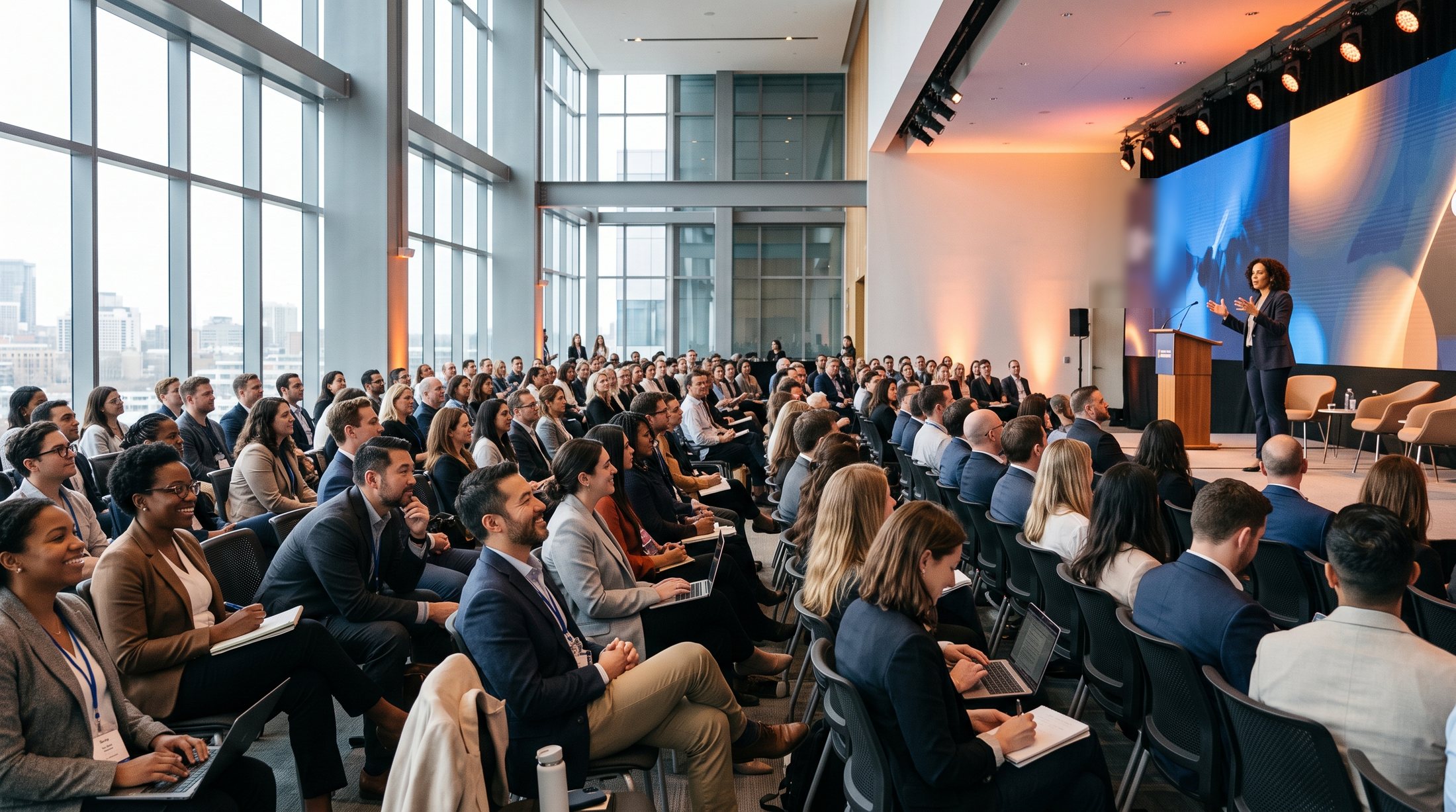 Professional audience seated at a Storease produced live event watching a speaker on the main stage