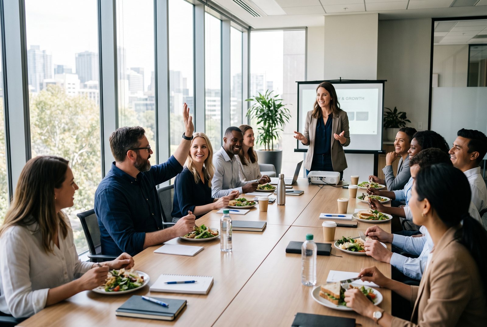 Small group of business professionals around a table during a lunch and learn session with a presenter speaking
