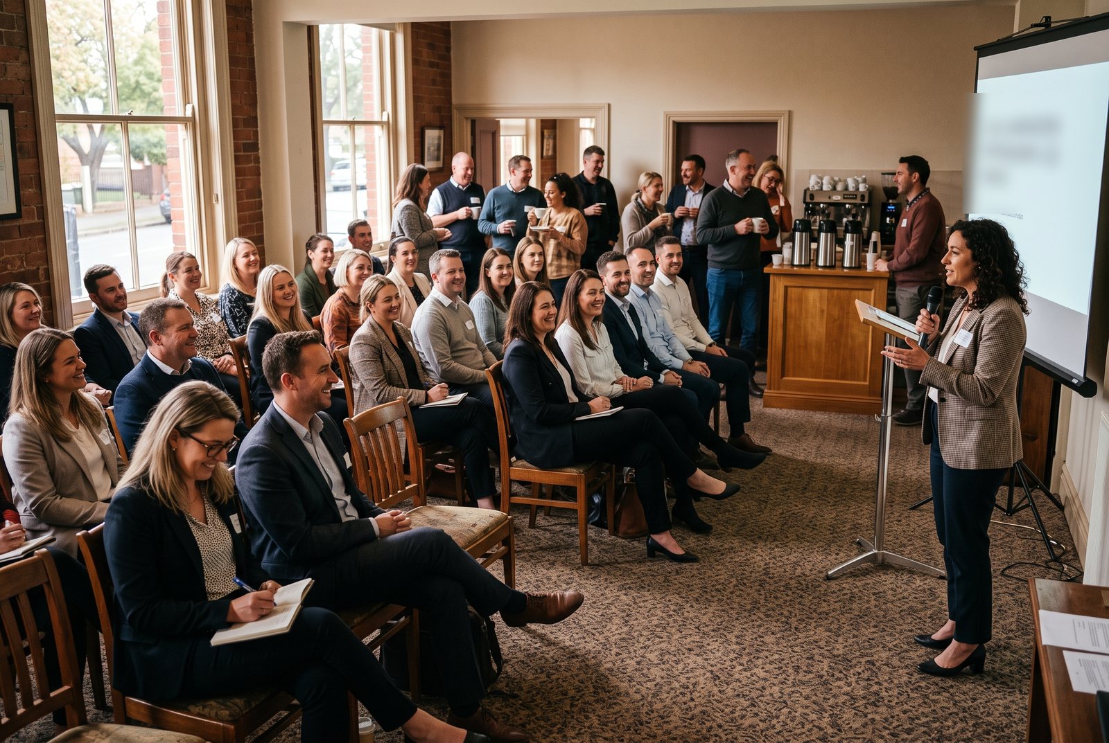 Regional roadshow audience seated in a local venue with a presenter speaking at the front of the room